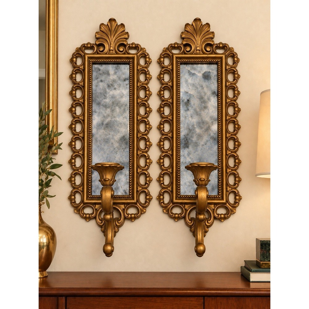 Vintage 1972 Homco Gold Smokey Mirror Pair Hollywood Regency Taper Candle Holder